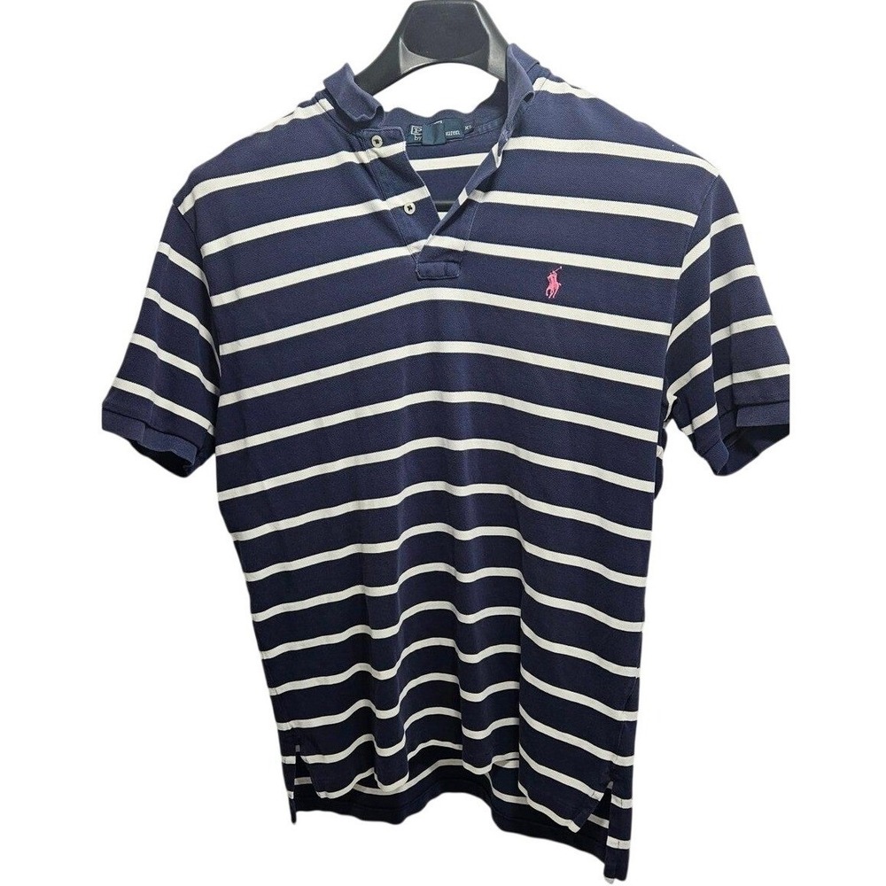 Polo Ralph Lauren Mens XL Striped Polo Shirt Navy Blue White Pink Pony‎ Logo